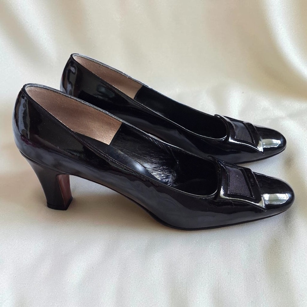 Vintage 60s Palizzio Black Patent Buckle Pumps Box 7 6.5 Narrow Mod Heels
